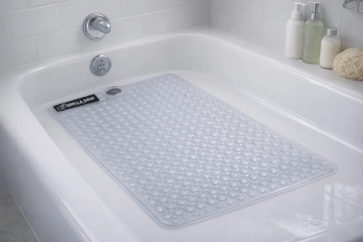 GORILLA GRIP Patented Bath Tub Shower Mat, Machine Washable Bathtub Floor Liner Mats, Suction Cups and Drain Holes to Keep Tubs Clean, Bathroom Essentials, 89x41 cm, Clear