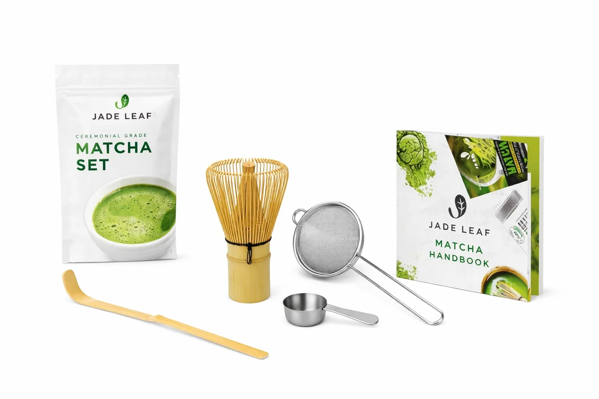 Jade Leaf Matcha - Traditional Starter Set - Japanese Matcha Gift Set Includes: Bamboo Whisk (Chasen), Scoop (Chashaku), Stainless Steel Sifter, Fully Printed Handbook
