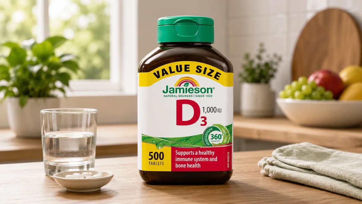 Jamieson Vitamin D3 1,000 IU Tablets, Supports Immune Health, Strong Bones, and Teeth, Enhances Calcium and Phosphorus Absorption. Vegetaria