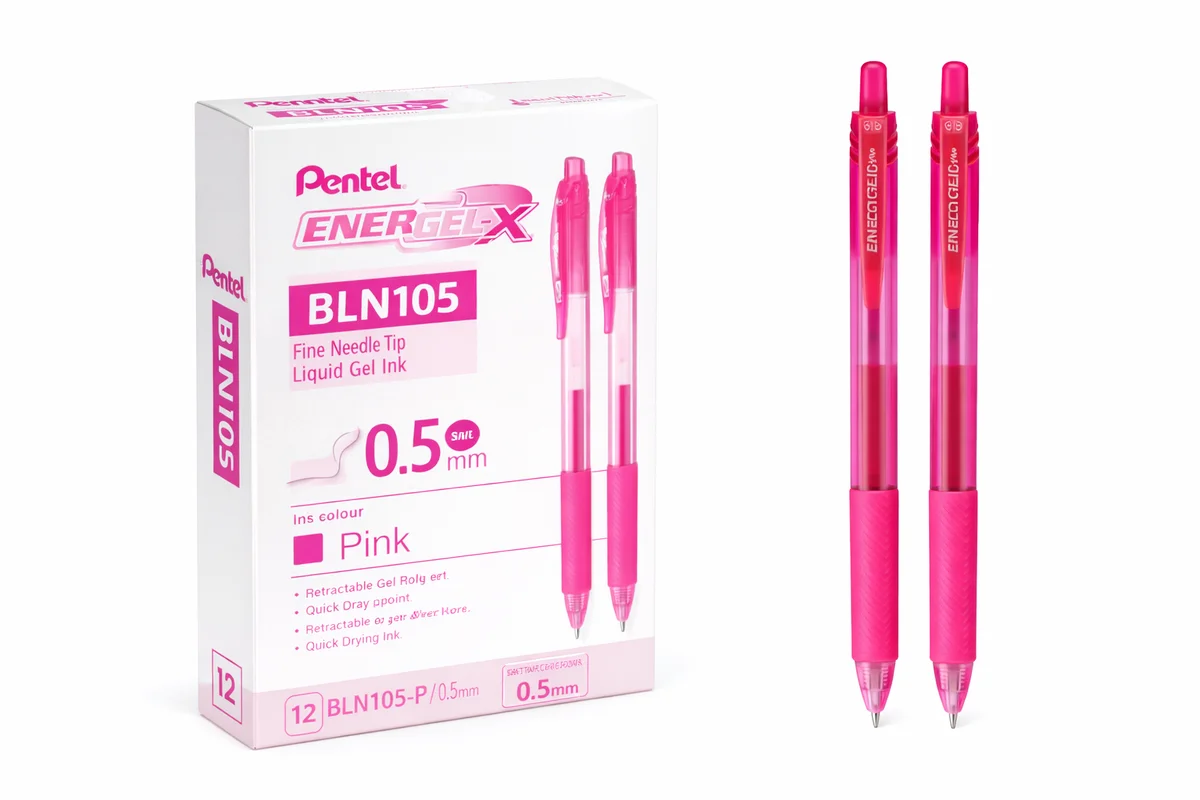 Pentel EnerGel X Retractable Liquid Gel Rollerball Pen, Everyday Writing, Office Supplies, School Supplies, 0.5mm Fine Needle Point, Pink Ink, BLN105-P, Box of 12
