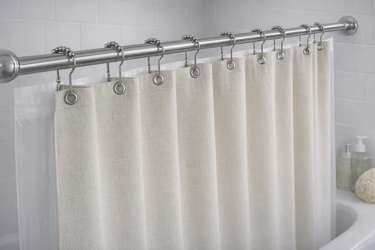 Linen Textured Shower Curtain with Stainless Steel Hooks - 230 GSM Heavy Duty Fabric Bath Curtains