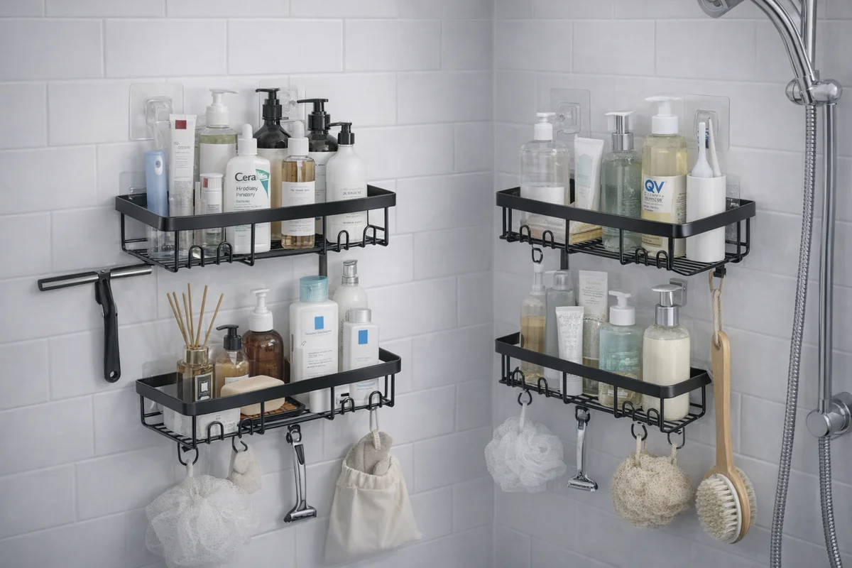 Moforoco Shower Caddy Shelf Organizer Rack, Self Adhesive Black Bathroom Shelves Basket, Home Farmhouse Wall Shower Inside Organization and Storage Decor Rv Accessories, First Apartment Essentials