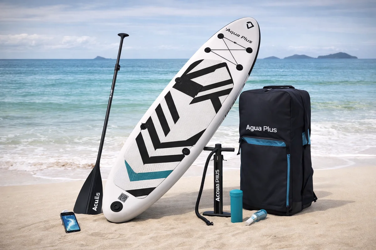 Aqua Plus 6inches Thick Inflatable SUP for All Skill Levels Stand Up Paddle Board,Paddle,Double Action Pump,ISUP Travel Backpack, Leash,Shou