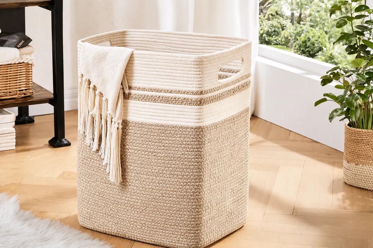OIAHOMY Laundry Hamper-Laundry Basket,Tall Cotton Storage Basket with Handles,Decorative Blanket Basket for Living room,Collapsible Large Ba