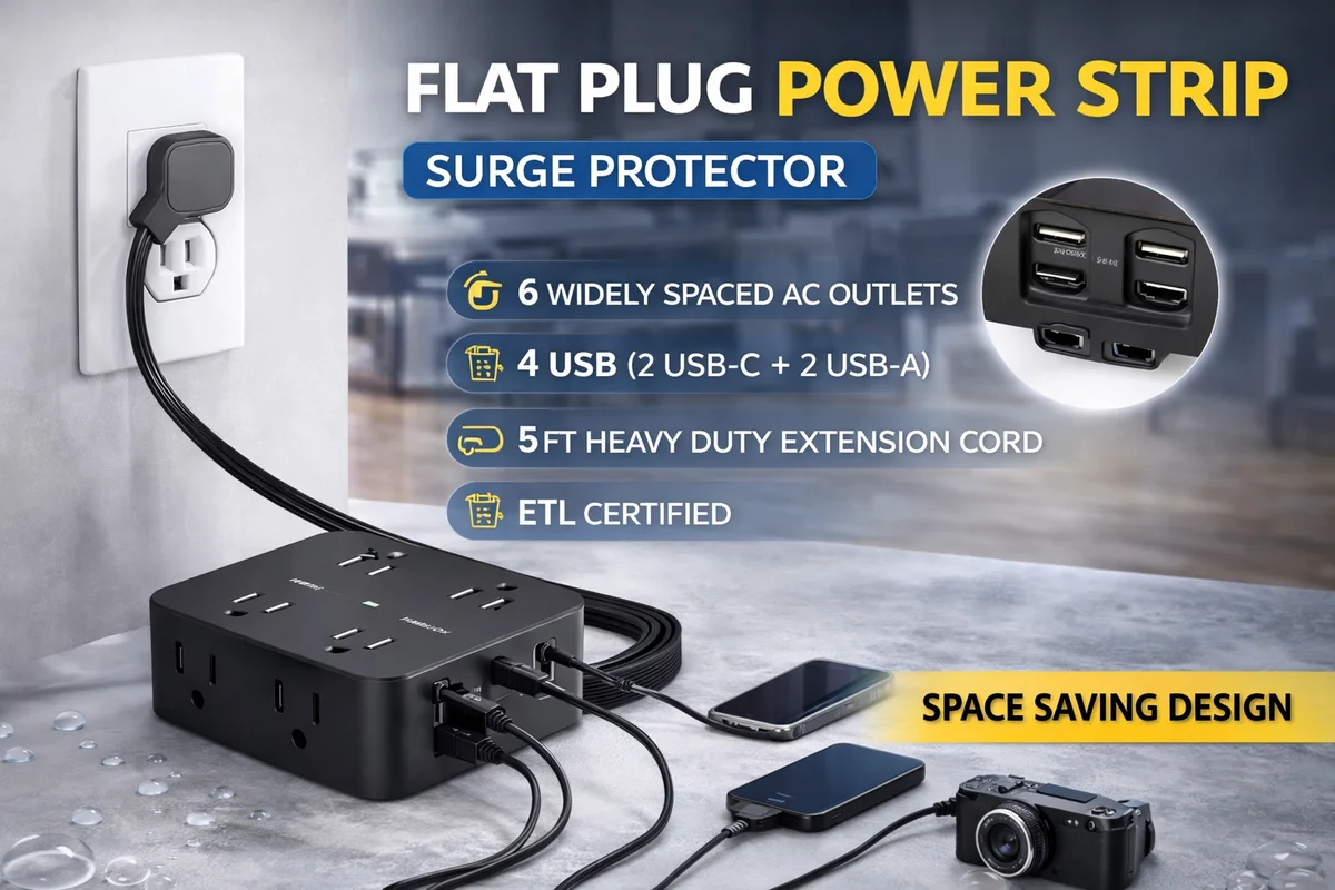 Power Bar Surge Protector, 5 Ft Flat Plug Extension Cord with Multiple Outlets, Power Strip with 4 USB Ports(2 USB C), Wall Mount for Home O