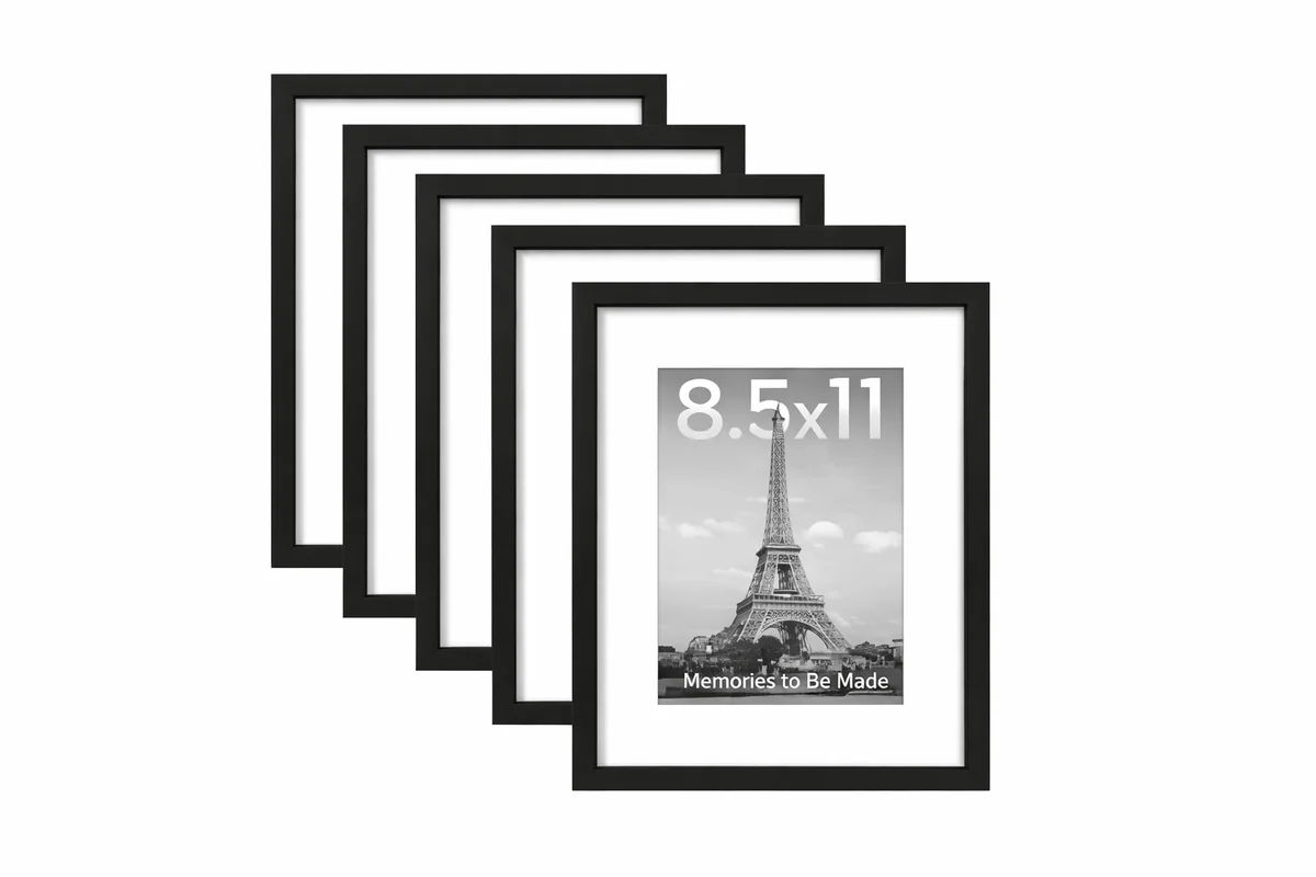 upsimples 8.5x11 Picture Frame Set of 5, Display Pictures 5.5x7.5 with Mat or 8.5x11 Without Mat, Wall Gallery Photo Frames, Black