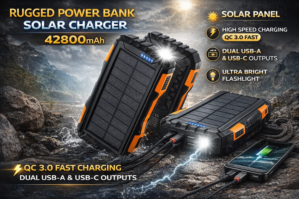 Power-Bank-Solar-Charger - 42800mAh Power Bank, Portable Charger, External Battery Pack 5V.1A Qc 3.0 Fast Charging Built-in Super Bright Fla