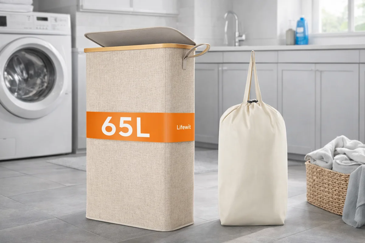 Lifewit 65L Slim Laundry Basket, Laundry Hamper with Lid, Narrow Laundry Bin with Removable Bag & Bamboo Handles, Foldable Thin Dirty Clothe