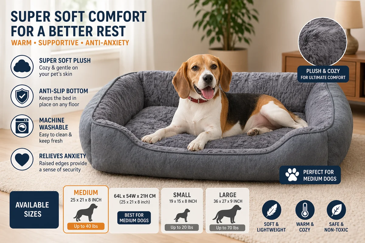 Dog Bed Medium, Super Soft Rectangle Dog Beds, Washable Warming Pet Bed with Anti-Slip Bottom, Anti-Anxiety, Grey, 25 x 21 x 8inch