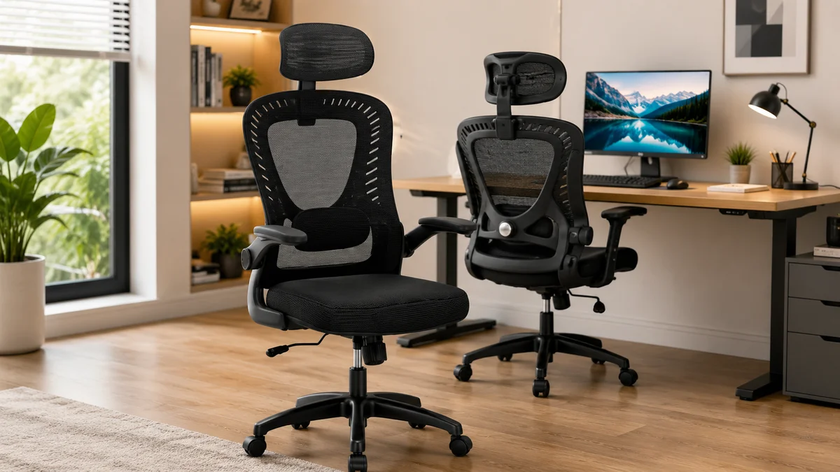 Office Chair, SPRDENG Ergonomic Office Chair with Two-Way Adjustable Lumbar Support & Headrest, High Back S-Shaped Computer Chair with Flip-