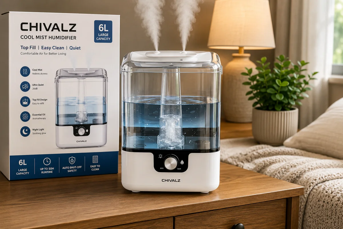 CHIVALZ Humidifiers for Bedroom, 6L Cool Mist Humidifiers for Baby Nursery, 26dB Quiet, 50H Runtime, Top Fill Humidifier for Large Room, Hom