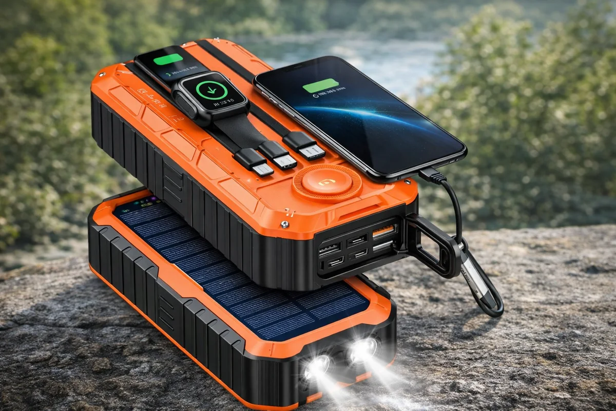Solar Power Bank, 40000mAh Portable Charger 20W Fast Charging External Battery Pack Built in 4 Cables, Wireless Charging Power Bank for Appl