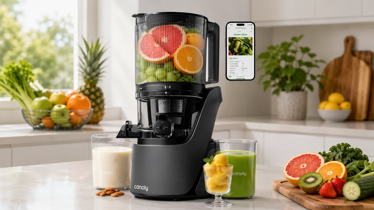 Canoly C16 Cold Press Juicer, 6" Extra-Wide Feed Chute, 300W AC Motor Juicer Machine, 3-IN-1 Strainers (Juice & Sorbet & Nut Milk), Fit Whol