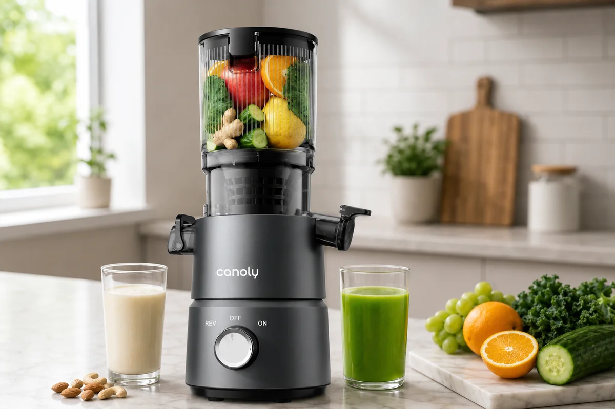 Canoly C03 Cold Press Juicer, 4.5" Wide Feed Chute Juicer Machine with 200W AC Motor, Fit Whole Vegetables & Fruits, 2-in-1 Strainer (Juice