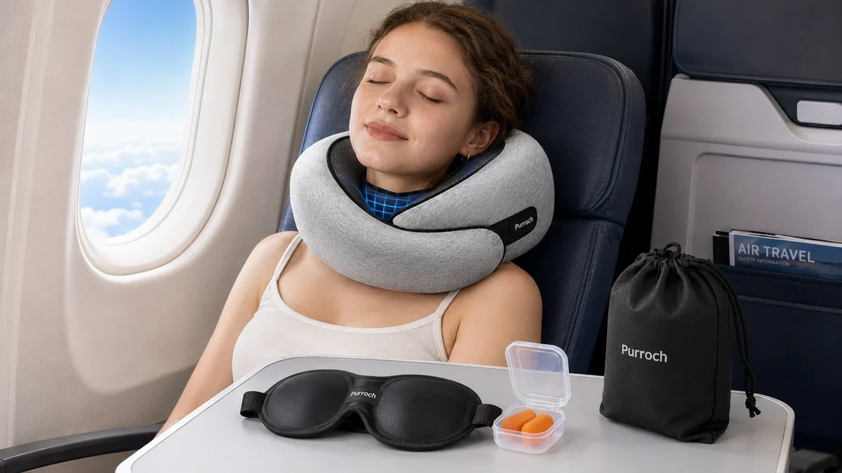 Purroch Neck Pillow Airplane, Travel Pillow with Eye Mask & Earplugs, Memory Foam Pillow with Adjustable Velcro Strap, Pillows for Travel, P